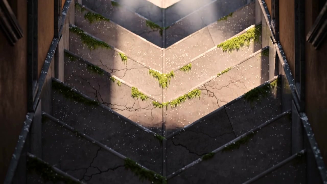 Luce solare mutevole che entra dall'apertura superiore rivelando gradini a chevron nel pozzo di luce, mettendo in risalto muschio e polvere