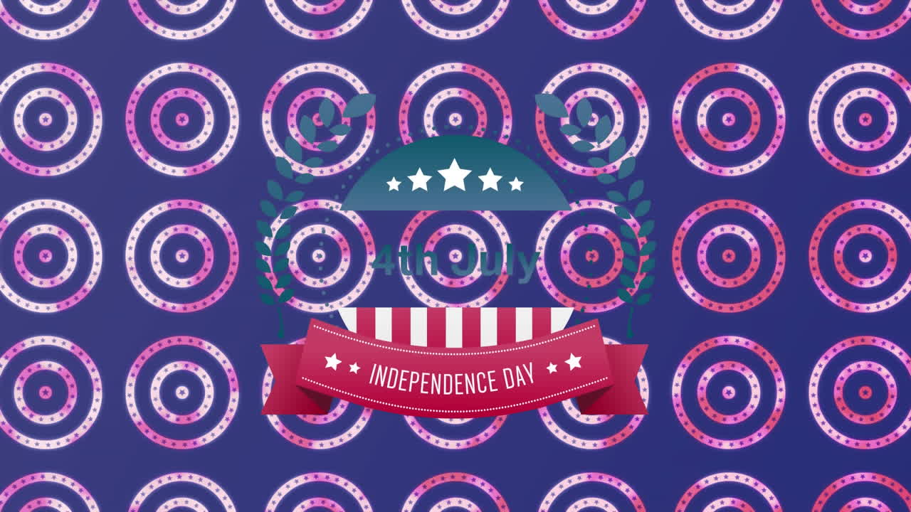 푸른 배경에 여러 원을 돌고 있는 별 위의 독립기념일 텍스트
