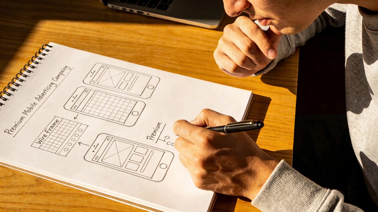 Pen hovering, designer in grey sweater labeling wireframe Premium on sketchbook at desk, copy space