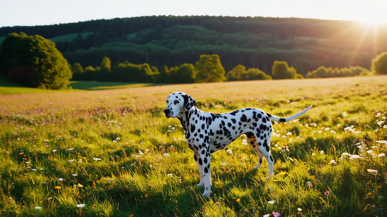 A Dalmatian dog in a sunny field