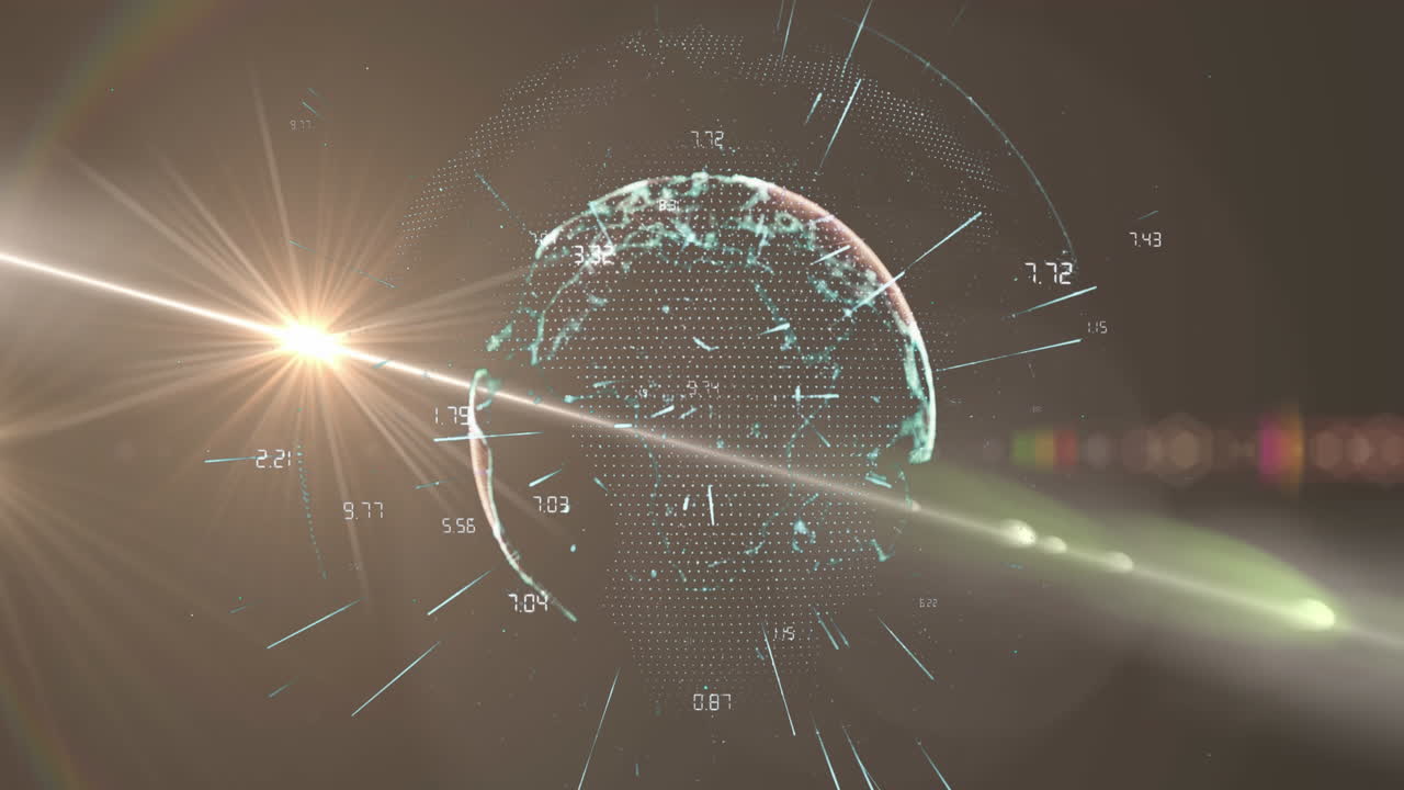 회색 배경에 회전하는 지구에 대한 빛 점과 무지개 렌즈 플레어의 애니메이션