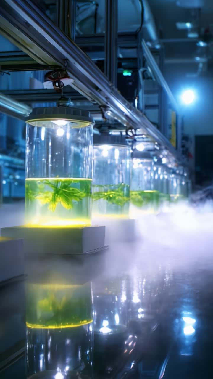 Illuminated Laboratory Displays: A Close-Up View of Transparent Containers with Green Algae Suspended in Misty Environment at a Research Facility