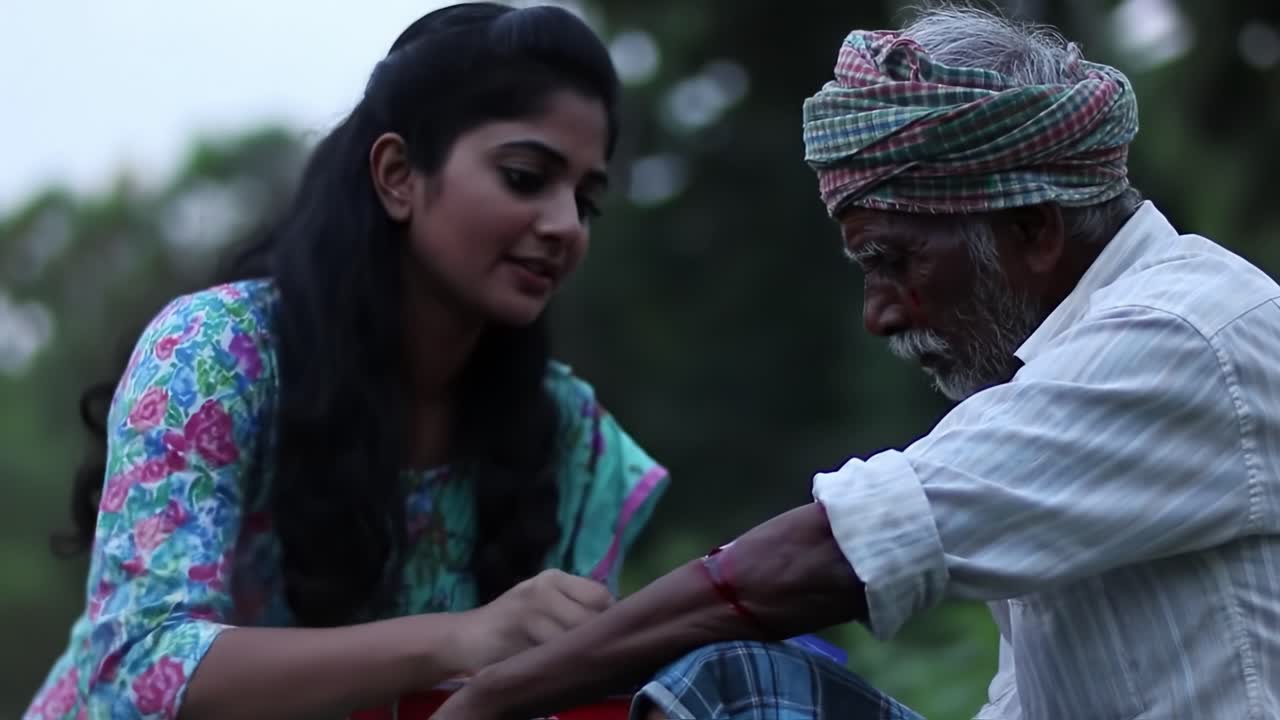 In a tranquil park during dusk, a young woman offers care to an elderly man, showing compassion and connection across generations in a peaceful environment.