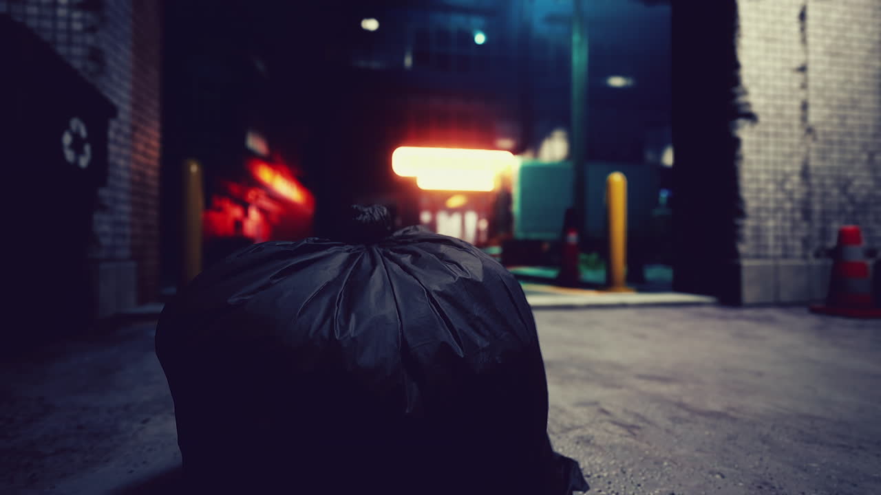 어두운 골목길에 있는 검은 쓰레기 봉투