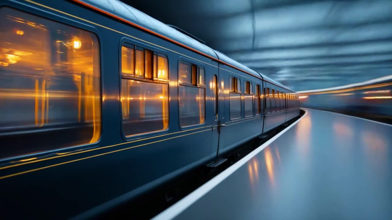 A mesmerizing view of a vintage train in motion, captured at a train station with dynamic lighting and reflections, creating a sense of speed and nostalgia within a modern setting