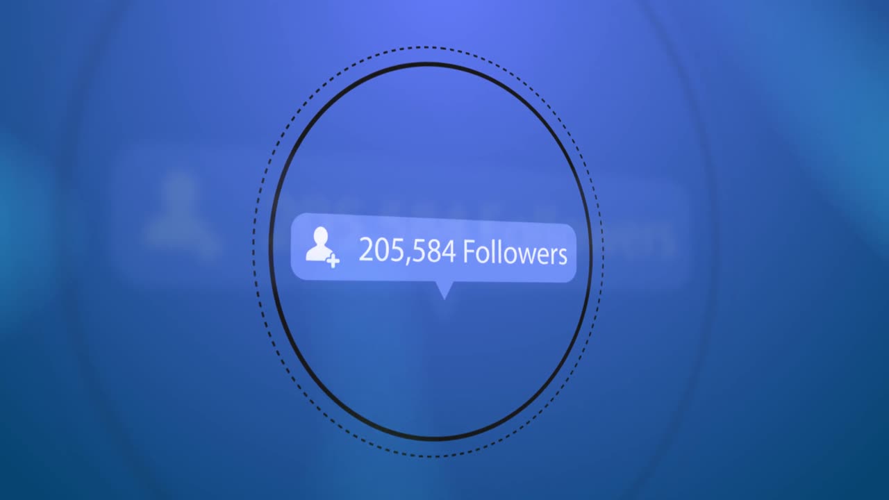 icono de perfil, texto de seguidores y números crecientes en la burbuja de habla sobre círculos en fondo azul