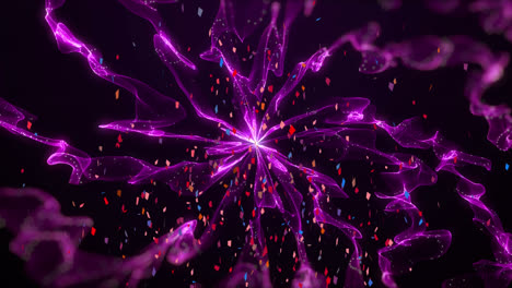 animation of gold confetti falling, with glowing pink energy network, on black background