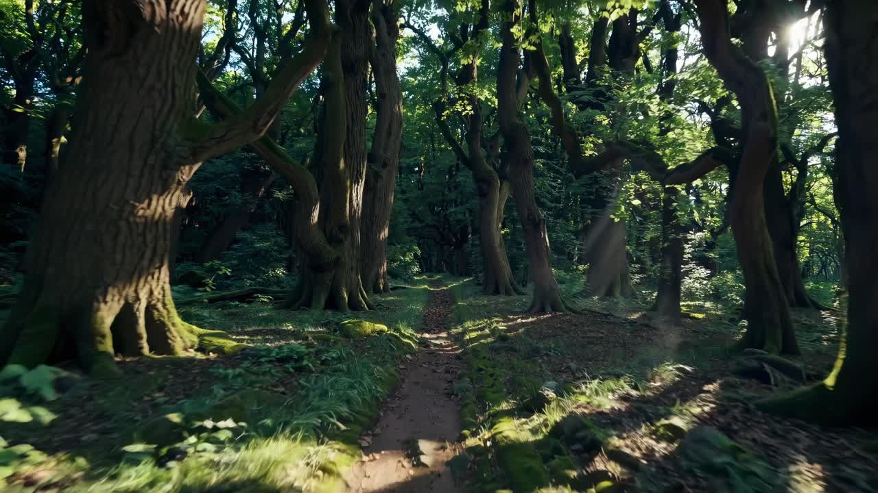 Un sereno sendero forestal capturado con una vista gran angular, mostrando imponentes árboles y la luz solar moteada.
