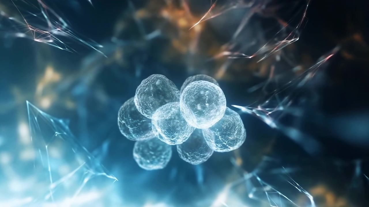 A luminous cluster of translucent spherical cells floats near the center against a dark blue abstract background with soft haze, flowing light streaks, and a