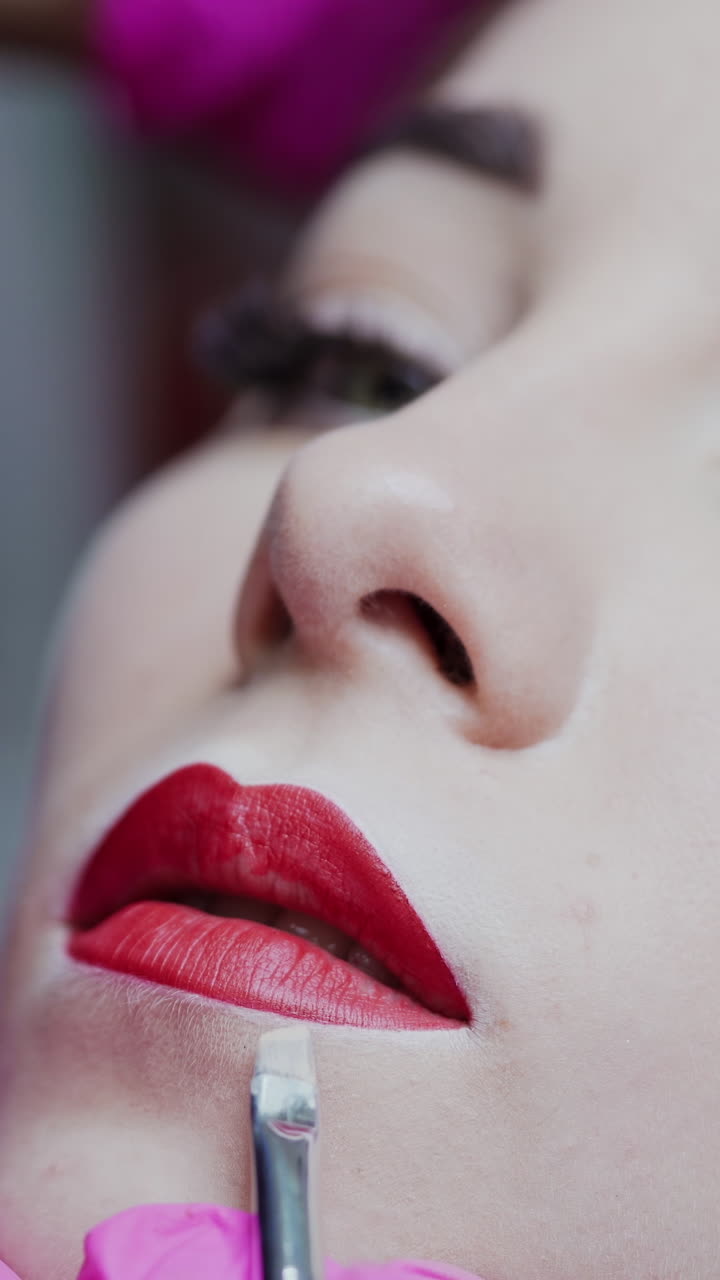 Beautiful face of a woman with perfect make-up. Cosmetic procedure of lips tattooing. Beautician doing permanent makeup on lips. Vertical video