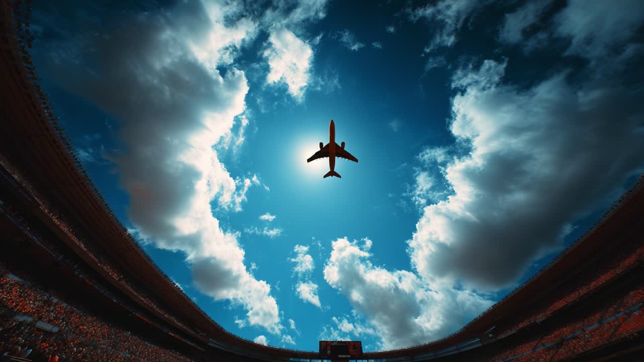 An aerial view captures an airplane soaring against a vibrant blue sky adorned with fluffy clouds, framed by the towering structure of a stadium below, emphasizing the grandeur of both aviation and sports
