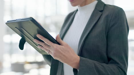 business, hands and woman with tablet