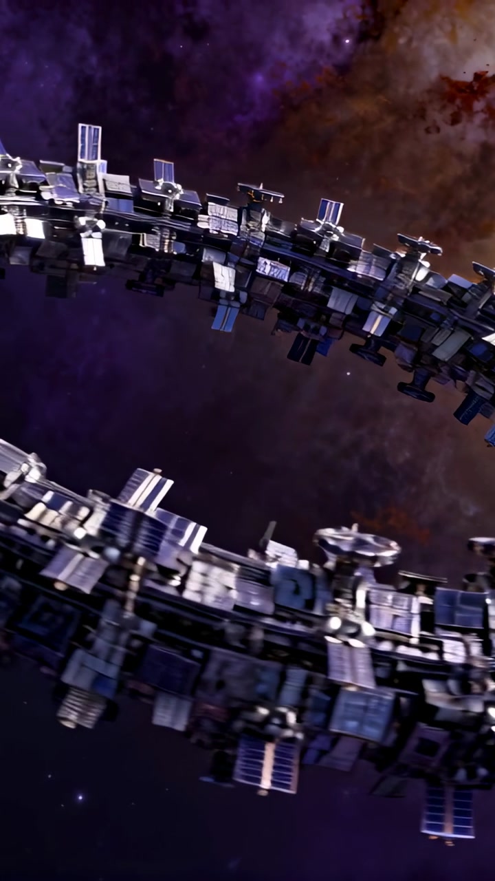 Vertical video: Starting camera sweeping torus station over nebula, inspecting solar arrays