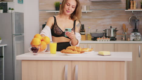 ama de casa sexy usando el teléfono inteligente