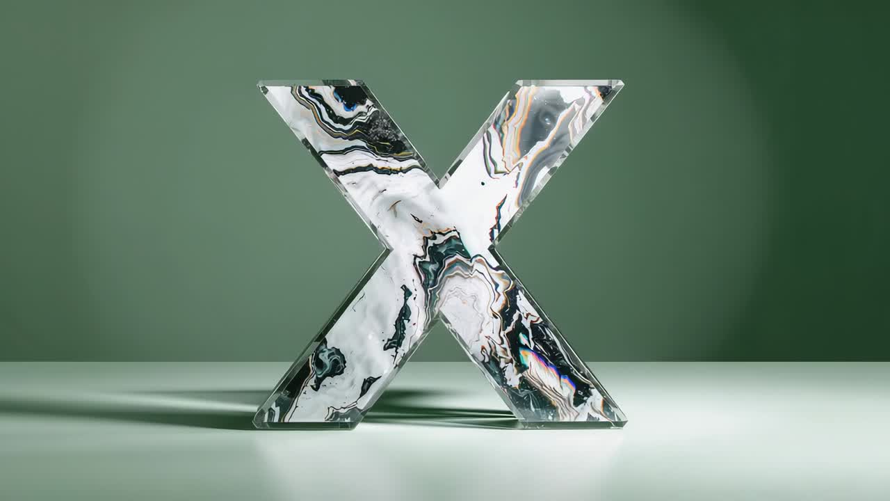 Shifting lighting across marbled letter X on studio tabletop, revealing striated texture