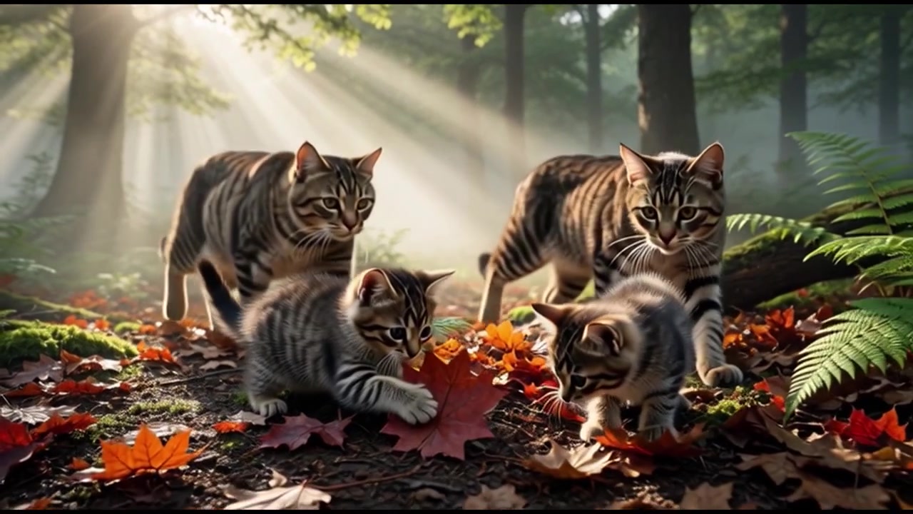 Famiglia di gatti soriani che esplora il sottobosco illuminato dal sole