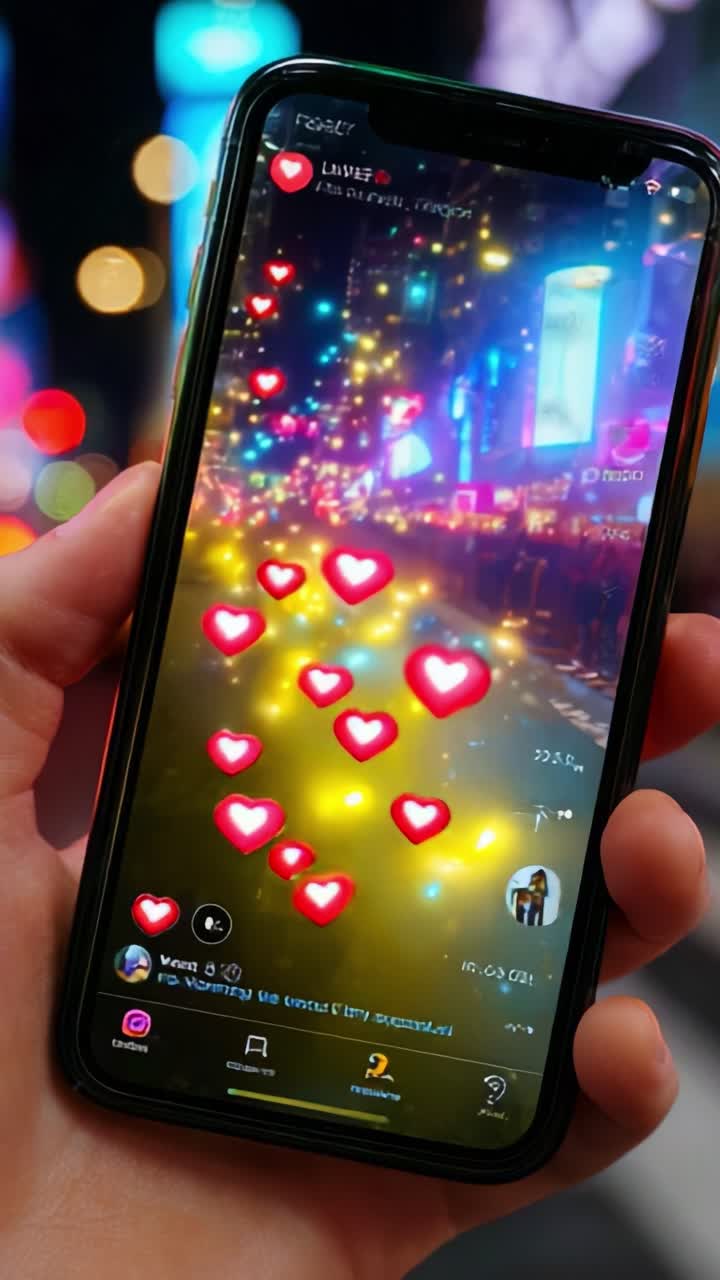 A vibrant scene filled with glowing hearts is captured on a smartphone screen, showcasing an enchanting display of bright lights and colors that reflect a lively atmosphere and joy in a digitally connected world