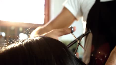 woman getting his hair trimmed with scissor