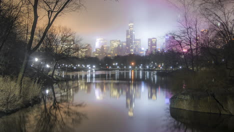 View-from-the-surreal-nature-of-Central-Park's-lakes-and-ponds,-to-the-tall-skyscrapers-a-short-distance-away