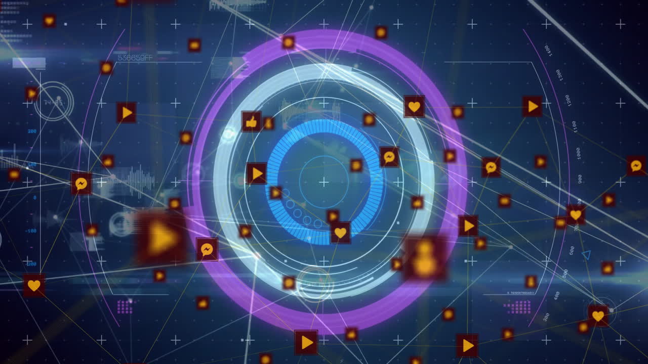 Floating digital icons and symbols over futuristic animation with network lines