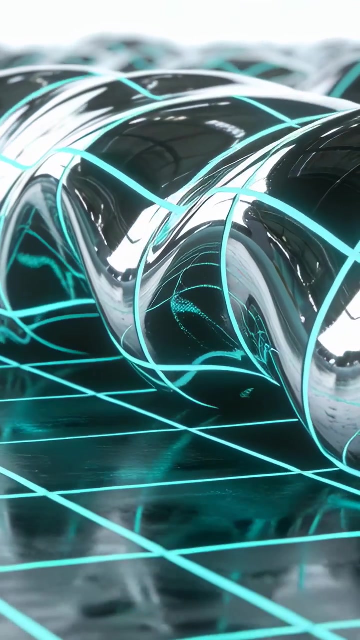 Video verticale: Telecamera che si sposta rivelando una spirale cromata su pavimento nero, con griglia ciano neon in evidenza.