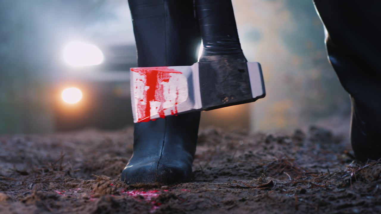 A Murderer With A Bloody Ax On A Forest Road Stands In The Light Of Car Headlights Creepy Crime Scen