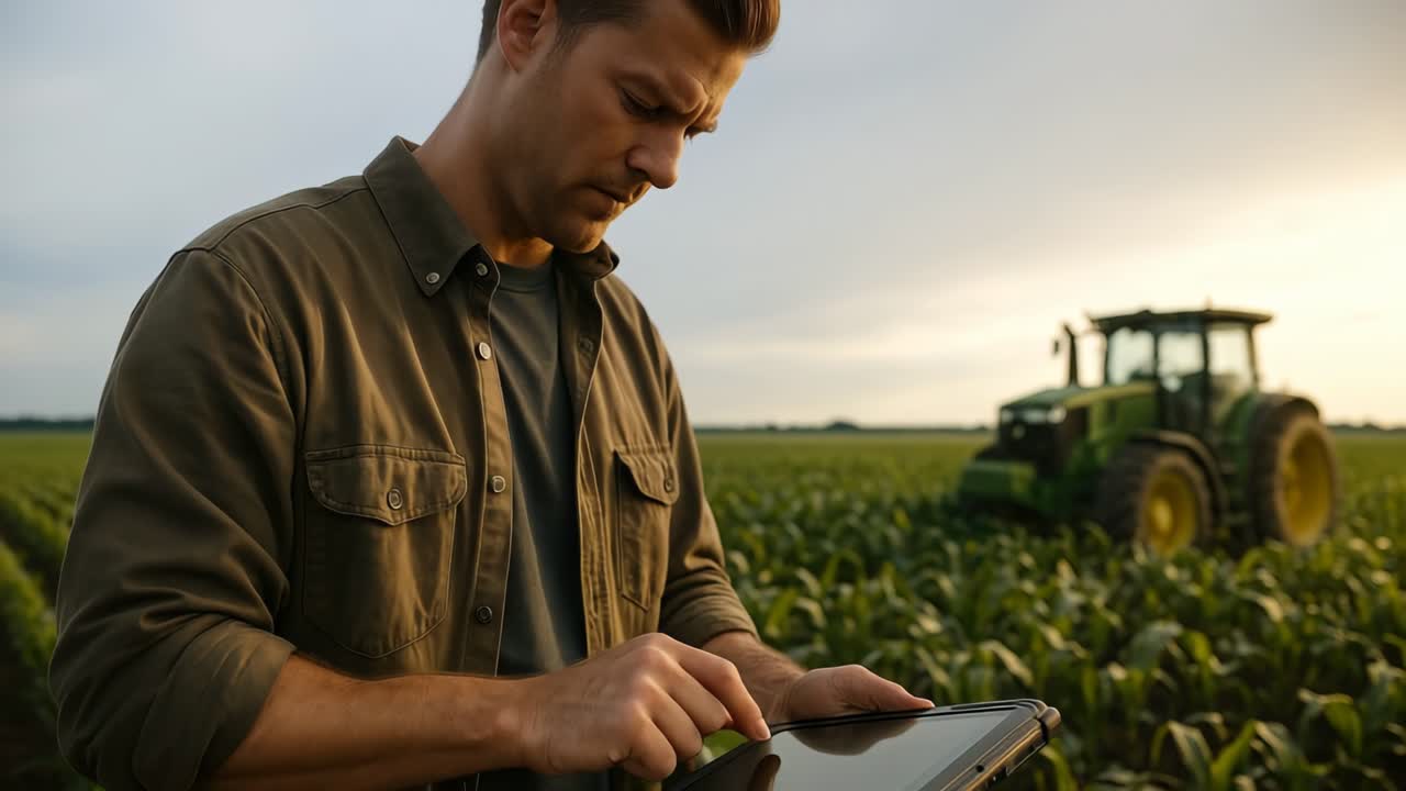 Low-angle shot of a farmer using a tablet in a cornfield, with a tractor in the background
