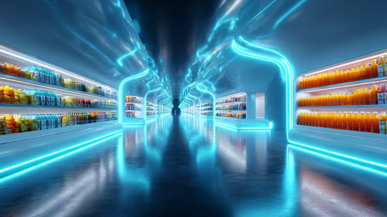 A Glowing Aisle of Refreshing Beverages: A Visually Striking Supermarket Scene Showcasing a Futuristic Design with Bright Lights, Colorful Shelves, and Energy-Infused Atmosphere