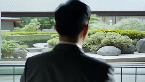 man in suit looking out window at japanese garden