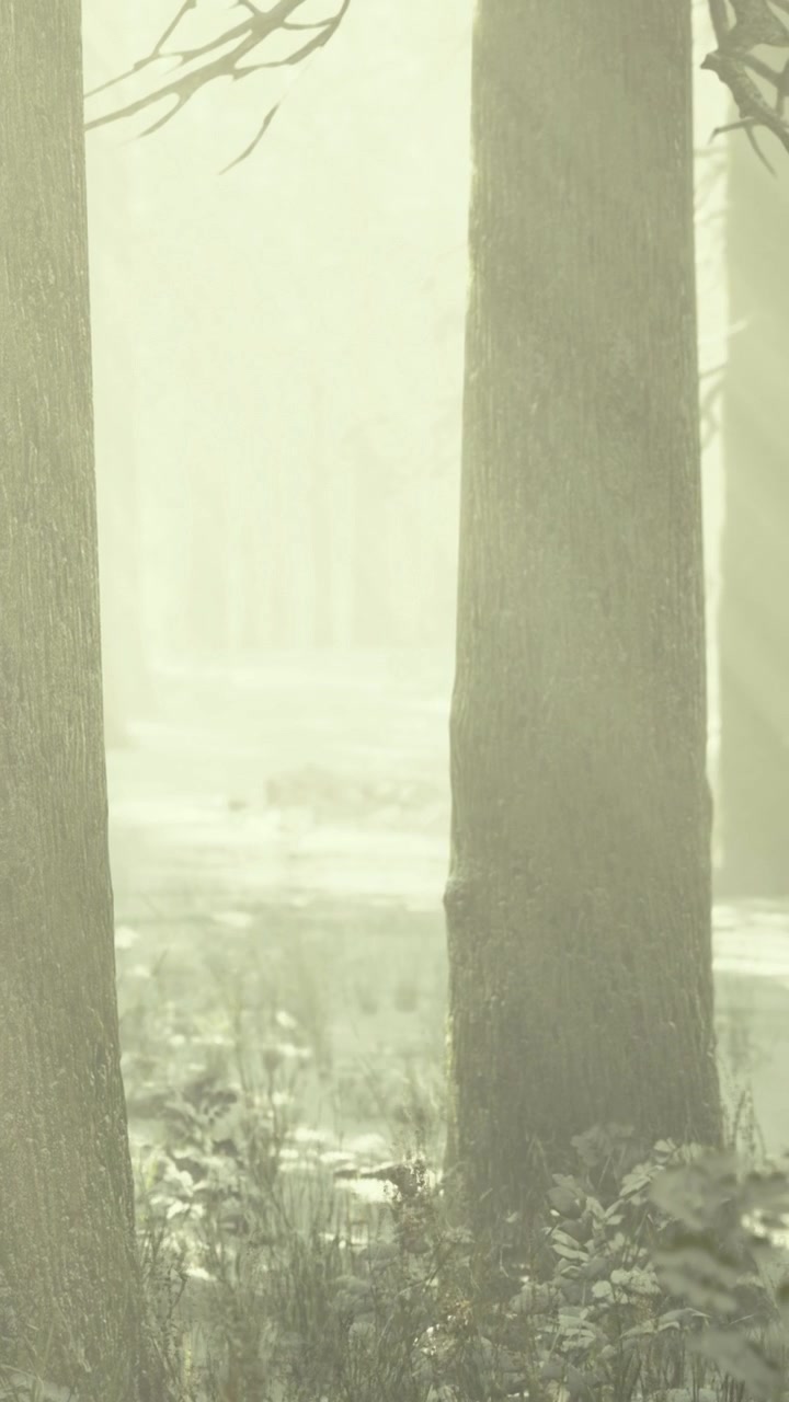 Light shines through trees in a misty forest during early morning hours