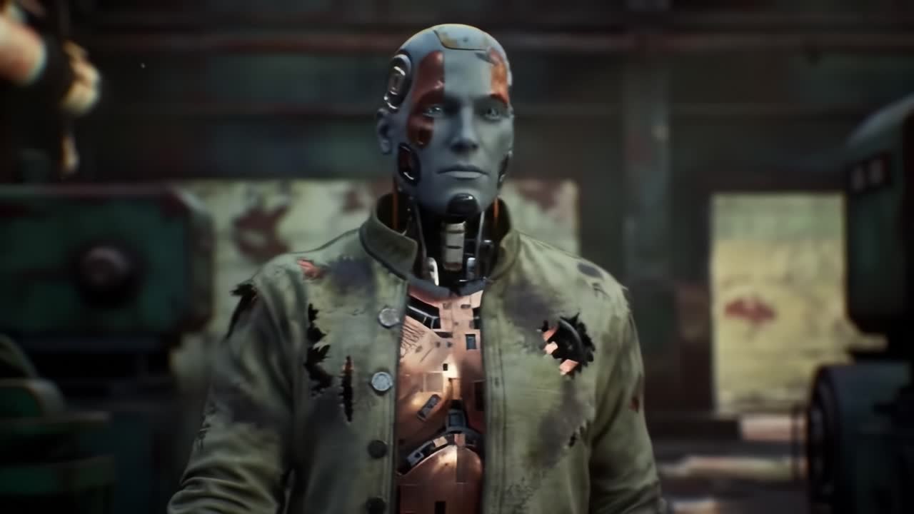 A Cybernetic Being Stands Amidst a Workshop, Exhibiting Wear and Tear That Reflects Its Journey in a World of Advanced Robotics and Technology