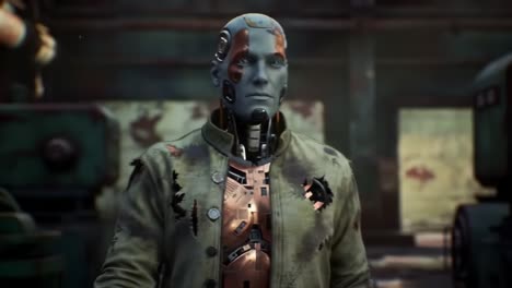 a cybernetic being stands amidst a workshop, exhibiting wear and tear that reflects its journey in a world of advanced robotics and technology