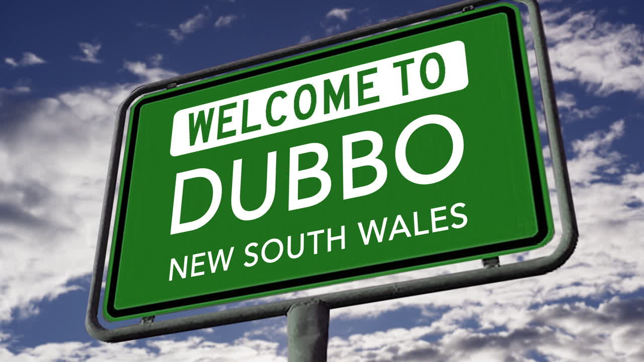 bienvenido a dubbo, nueva gales del sur, australia, señal de carretera de la ciudad, animación 3d realista