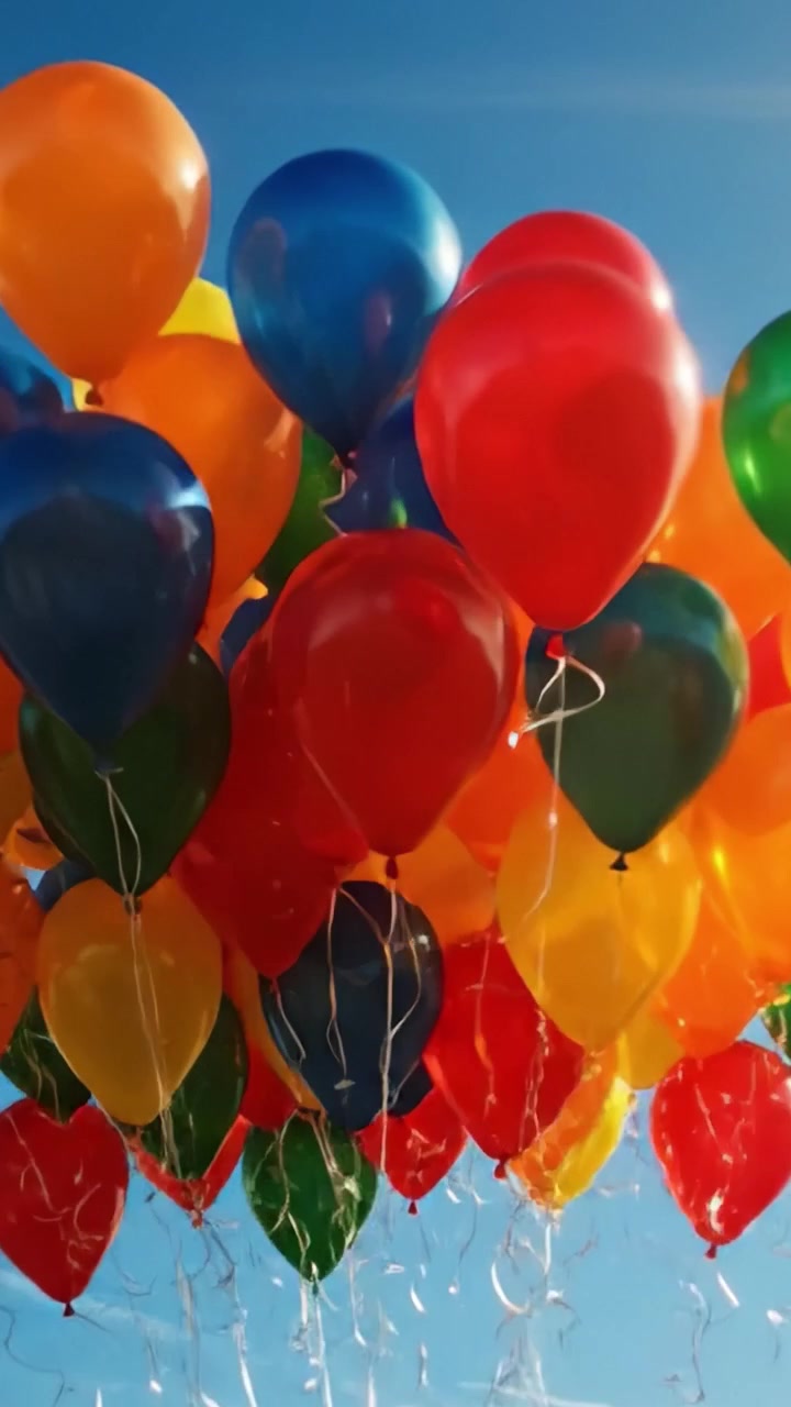 Una vivace celebrazione nel cielo con palloncini colorati che fluttuano contro uno sfondo blu brillante, catturando l'essenza della gioia e della festività