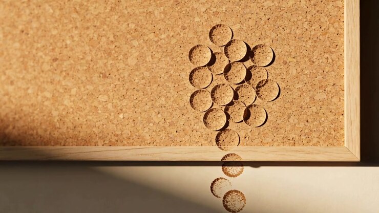 Gravity pulling loose cork discs down from framed cork panel onto table, diagonal shadow