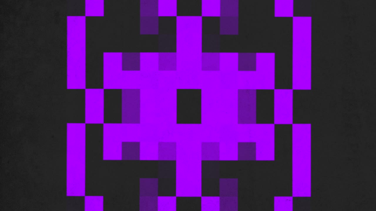 An abstract pixelated pattern of purple and black squares on a black background, potentially serving as a design element or part of a larger composition