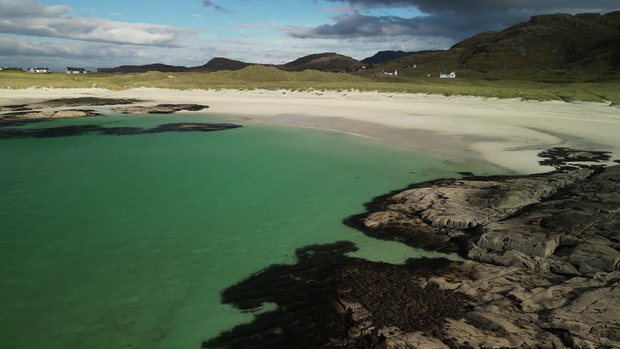 Aerial of Sanna Bay, sandy beach on west coast of Scotland, Ardnamurchan