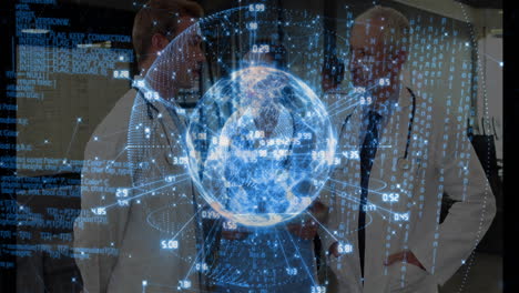 medical team analyzing data in high-tech lab, interacting with holographic network globe overlay