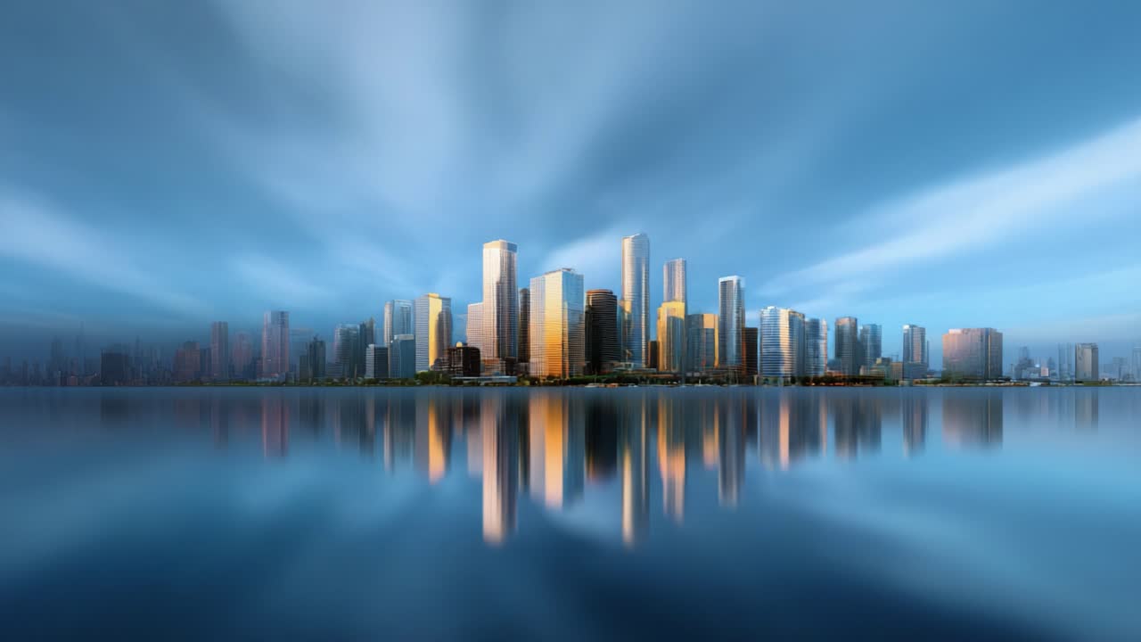 Majestic City Skyline Reflected in Calm Waters at Dawn, Illuminating a Modern Metropolis with Skyscrapers and Dramatic Cloud Patterns Above