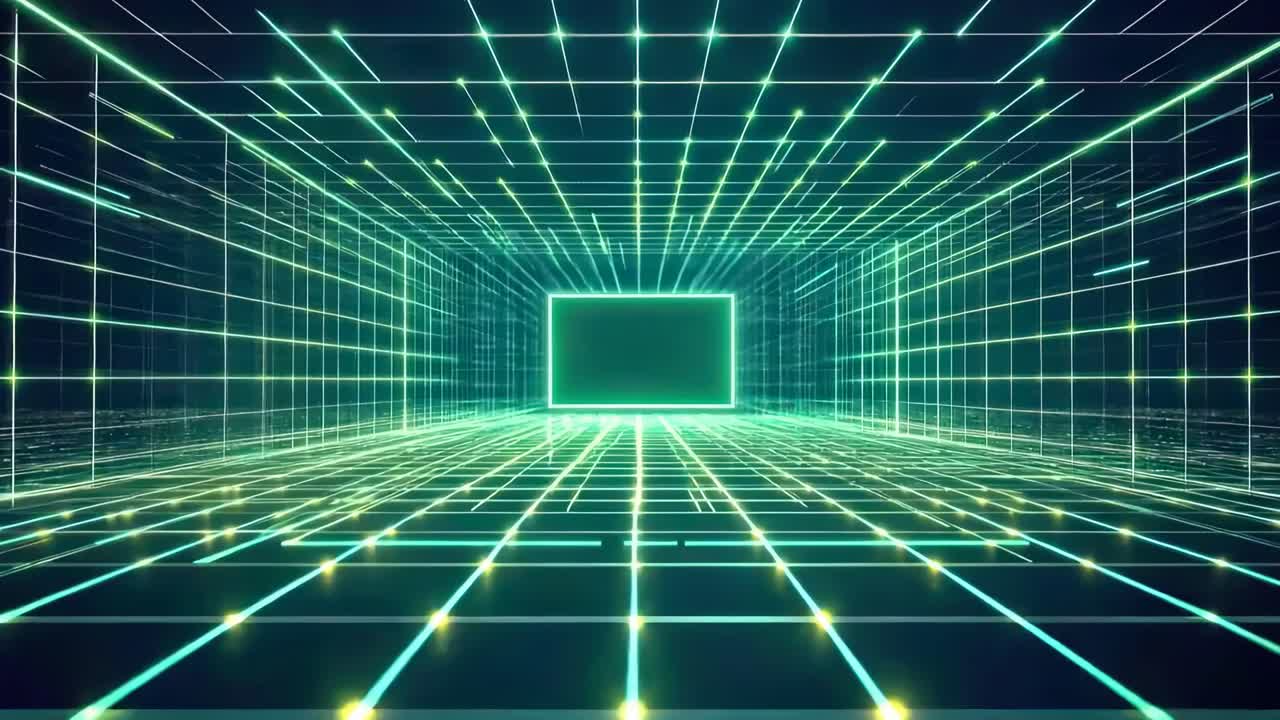 Futuristic grid room with neon lines, creating a digital tunnel effect