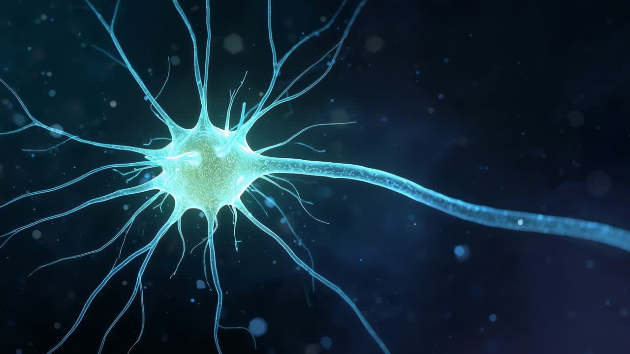 Glowing neuron soma pulsing, camera zooming into microfluid, showing dendrites, axon, particles