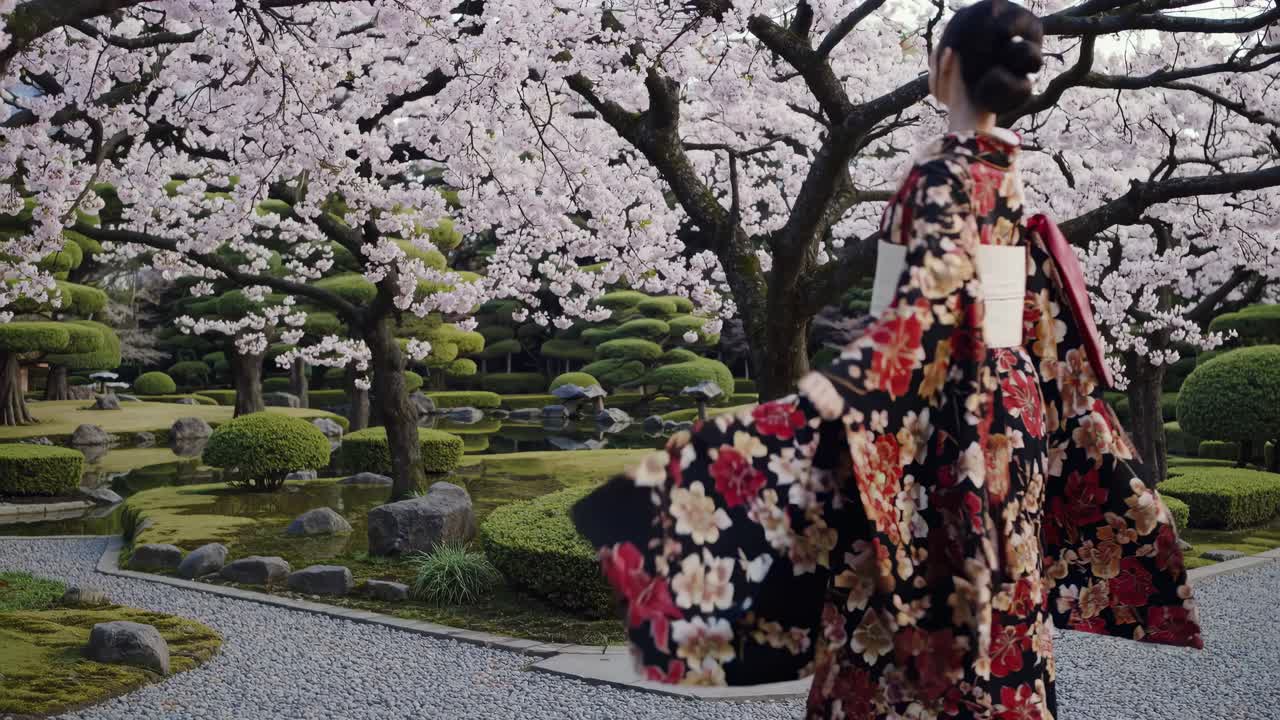 Um vídeo sereno captura uma mulher em um quimono floral, vista de lado, cercada por cerejeiras em flor.