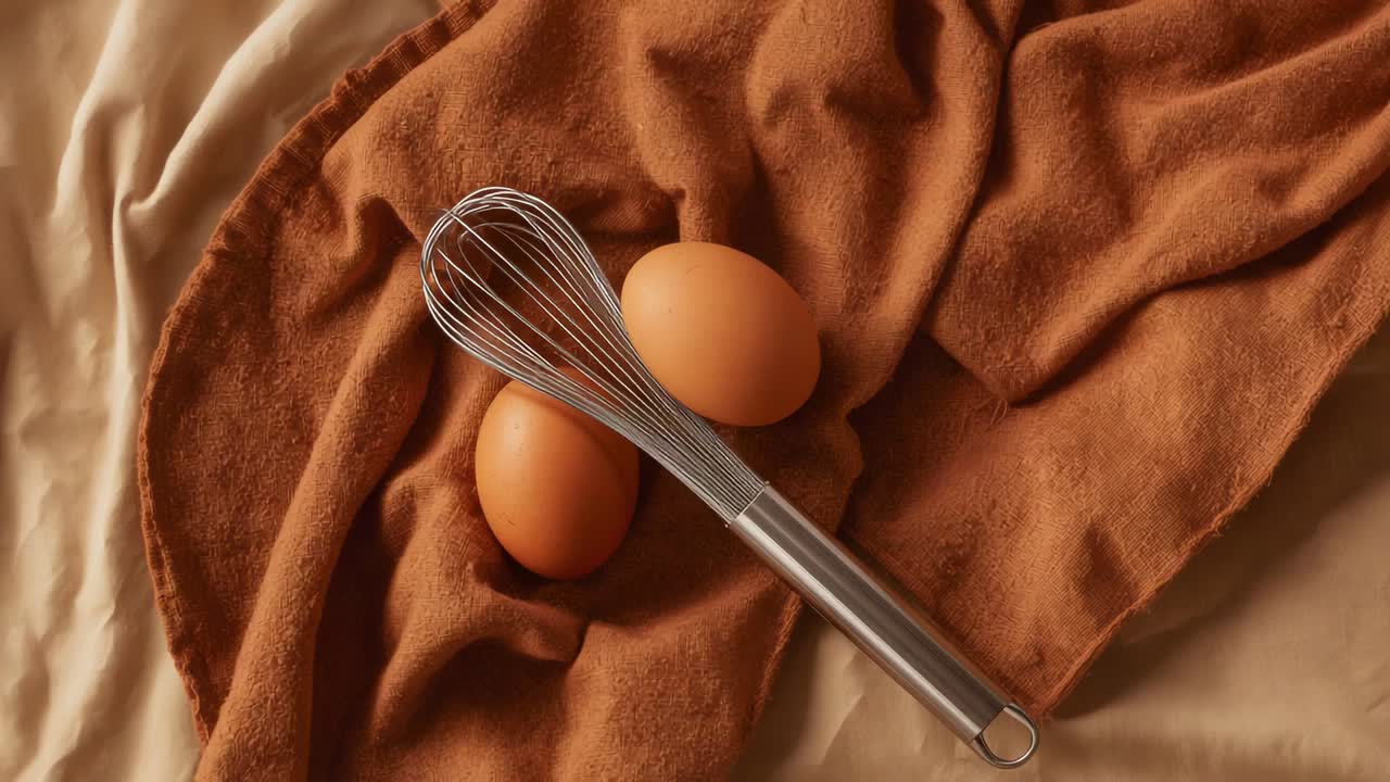 Zooming camera gently tightening frame on kitchen table, showing texture of two eggs, whisk, towel