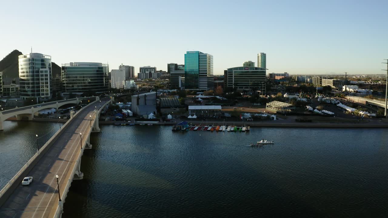 Drone shot over the Tempe Bridge in Arizona