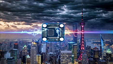 shanghai cityscape with futuristic technology and storm