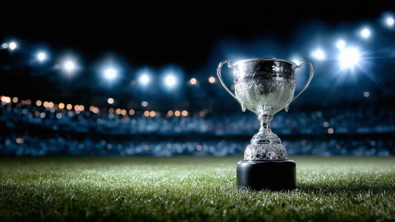 A Glimmering Trophy Set Against a Bright Stadium Background, Symbolizing Victory and Achievement in Sports Among Cheers and Celebration