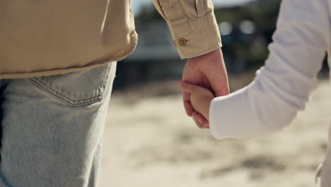 playa, tomados de la mano y caminando con los padres