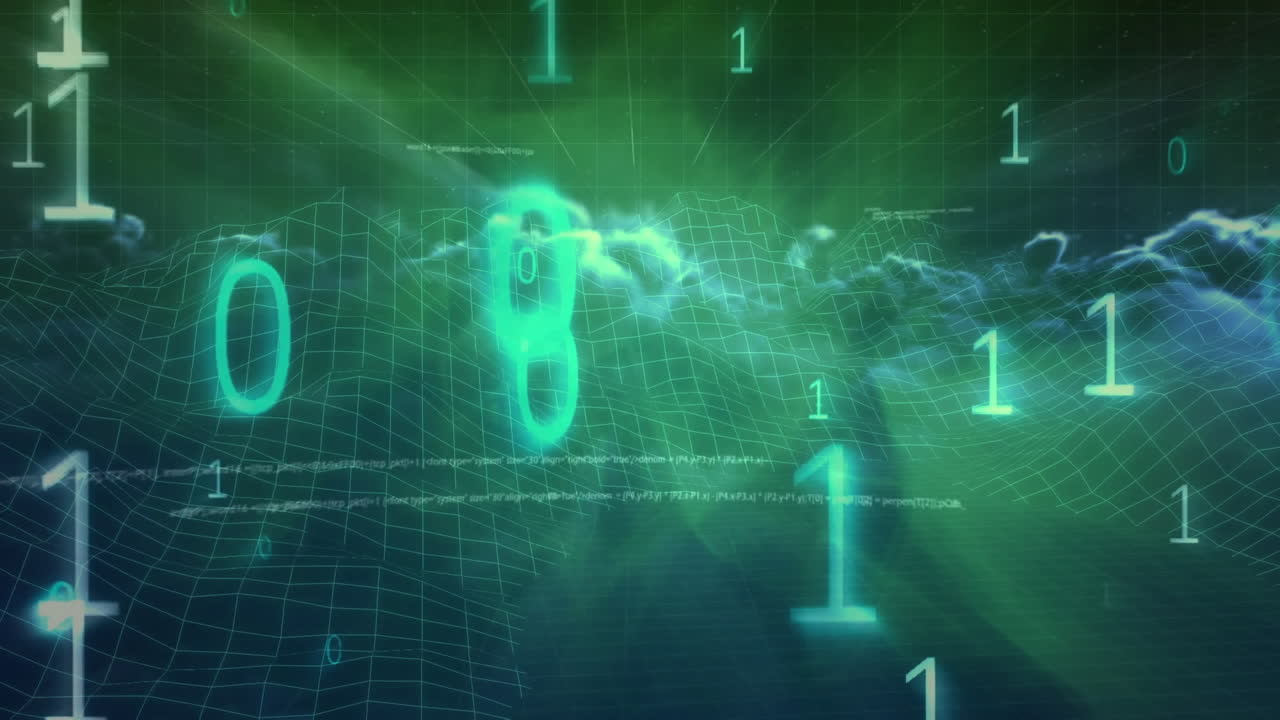 анимация обработки данных над облаками и цифрами на черном фоне