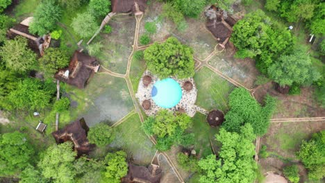 aerial top down shot of a luxury lodge in selous jungle, tanzania.