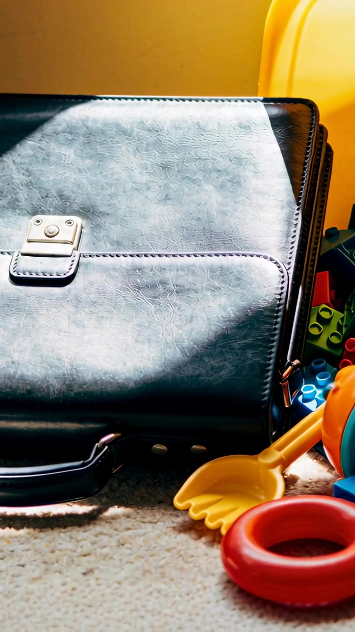 Vertical video: Panning camera showing dark briefcase on carpet, exposing yellow shovel and toys
